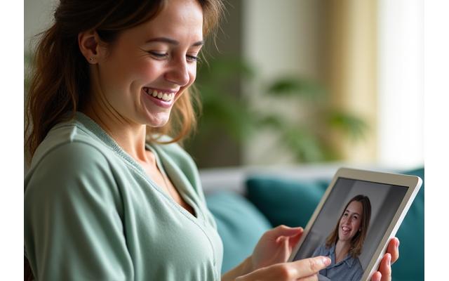 Woman happily interacting with a wellness coach on a tablet, smiling.